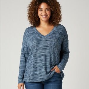 Lane Bryant Blue Striped V-Neck Long Sleeve Top